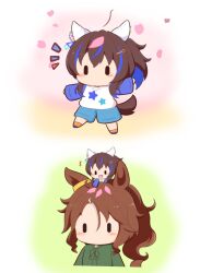 +++ 2girls :d animal_ears blue_hair blue_shoes blue_shorts blue_sleeves blush brown_hair chibi chibi_on_head chibi_only commentary daitaku_helios_(umamusume) falling_petals fang gomashio_(goma_feet) green_shirt hair_ornament hairclip highres horse_ears horse_girl horse_tail long_hair mejiro_palmer_(umamusume) multicolored_hair multiple_girls no_mouth notice_lines on_head open_mouth orange_socks outstretched_arms petals print_shirt shirt shoes short_hair shorts smile socks spread_arms star_(symbol) star_print streaked_hair tail umamusume white_hair white_shirt |_|
