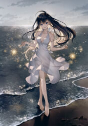 1girl absurdres ahoge bare_shoulders barefoot beach blue_eyes breasts breasts_apart crossed_legs dress earrings eshi_100_nin_ten fireworks full_body grey_dress grey_sky halter_dress halterneck highres holding holding_fireworks jewelry long_hair looking_at_viewer medium_breasts nardack ocean outdoors parted_lips scan senkou_hanabi silver_armlet sky solo sparkler third-party_source