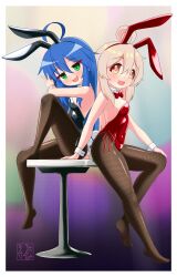 Rule 34 | 2girls, :3, absurdres, ahoge, animal ear hairband, animal ears, back-to-back, black leotard, black pantyhose, blue hair, bow, bowtie, breasts, brown eyes, commentary, crossover, detached collar, english commentary, fake animal ears, fernar0d, fishnet pantyhose, fishnets, full body, green eyes, hairband, highres, izumi konata, leotard, long hair, looking at viewer, lucky star, mole, mole under eye, multiple girls, onii-chan wa oshimai!, open mouth, oyama mahiro, pantyhose, pink hair, playboy bunny, rabbit ears, rabbit tail, red bow, red bowtie, red leotard, small breasts, stool, strapless, strapless leotard, tail, wrist cuffs