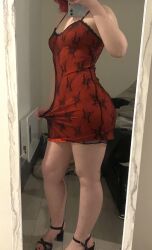 1girl ass breasts clothes_pull dress dress_pull head_out_of_frame high_heels holding holding_phone iloveballs666 mirror_selfie nail_polish phone photo_(medium) real_life red_dress red_hair selfie short_dress short_hair small_breasts solo standing thick_thighs thighs