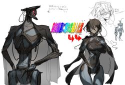 1girl 1other arm_behind_back brown_hair crossed_bangs dark-skinned_female dark_skin flying_sweatdrops hair_between_eyes highres humanoid_robot jacket jacket_on_shoulders joints juerucj long_hair navel original red_eyes robot robot_joints small_sweatdrop white_background