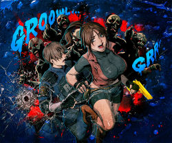 Rule 34 | 1girl, bike shorts, bullet hole, capcom, claire redfield, fingerless gloves, gloves, golden gun, gun, katou teppei, leon s. kennedy, multiple boys, open mouth, ponytail, resident evil, resident evil 2, running, trigger discipline, weapon, zombie