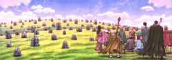4girls 6+boys absurdres aqua_hair armor azan(berserk) azan_(berserk) berserk black_hair blonde_hair cape casca_(berserk) cloud cloudy_sky colorized dragonslayer_(sword) farnese_(berserk) full_armor guts_(berserk) hat highres isidro_(berserk) isma landscape miura_kentarou multiple_boys multiple_girls outdoors puck_(berserk) rock scenery schierke_(berserk) serpico_(berserk) sky staff sword too_many weapon witch_hat