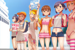 6+girls abubu backpack bag bikini black_hair blonde_hair blush breasts brown_eyes brown_hair cameltoe choker condom condom_packet_strip condom_wrapper english_text female_focus green_eyes hat loli loli_bitch_island long_hair looking_at_viewer micro_bikini multiple_girls navel original outdoors panties purple_eyes randoseru short_hair sign small_breasts swimsuit thighhighs twintails underwear