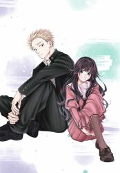 Rule 34 | 1boy, 1girl, blonde hair, highres, jacket, kaoru hana wa rin to saku, kikyo private academy school uniform, long skirt, mikami saka, pants, pink serafuku, pink shirt, purple skirt, school uniform, serafuku, shirt, short hair, sitting, skirt, tsumugi rintarou, waguri kaoruko, wavy hair