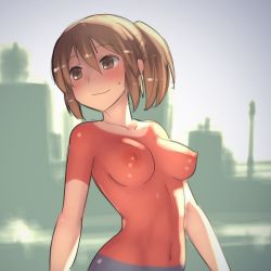 Rule 34 | 1girl, aaaa (quad-a), backlighting, bad id, bad pixiv id, blue sky, bodypaint, breasts, brown eyes, brown hair, cityscape, closed mouth, collarbone, day, exhibitionism, female focus, hair between eyes, highres, looking away, looking to the side, medium breasts, naked paint, navel, nervous smile, nipples, nude, original, outdoors, painted clothes, public indecency, sky, smile, solo, standing, stomach, sunlight, sweat, sweatdrop, tareme, upper body