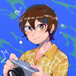 Rule 34 | 1girl, absurdres, brown eyes, brown hair, camera, commentary request, diforland, eyebrows hidden by hair, heart, highres, holding, holding camera, original, plaid clothes, plaid shirt, riko ahry, shirt, short hair, smile, solo, upper body, yellow shirt