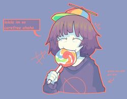 1girl arrow_(symbol) bags_under_eyes blush_stickers brown_hair candy comic_sans commentary cropped_torso eating english_commentary english_text flying_sweatdrops food food_in_mouth grey_background hand_up happy hat holding holding_candy holding_food holding_lollipop lollipop long_sleeves medium_hair milk-chan_(milk_series) milk_inside_a_bag_of_milk_inside_a_bag_of_milk no_symbol nokojuice outline oversized_food oversized_object pale_skin print_sweater propeller_hat red_outline short_bangs signature simple_background smile solo speech_bubble sweater swirl_lollipop upper_body