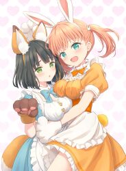Rule 34 | 2girls, :d, animal ear fluff, animal ear hairband, animal ears, animal hands, apron, aqua eyes, black hair, blue bow, blue bowtie, blue dress, blunt bangs, blunt ends, bob cut, bow, bowtie, breasts, brown gloves, buttons, cerise bouquet, cleavage, commentary request, cowboy shot, detached collar, dress, fake animal ears, fox ears, frilled apron, frilled dress, frills, gloves, green eyes, hair ornament, hairband, hanazora satsuki, heart, heart background, heart button, highres, hinoshita kaho, hinoshita kaho (animal cafe), large breasts, link! like! love live!, love live!, medium hair, momose ginko, momose ginko (animal cafe), multiple girls, official alternate costume, open mouth, orange bow, orange bowtie, orange dress, parted lips, paw gloves, pink background, puffy short sleeves, puffy sleeves, rabbit ear hairband, rabbit ears, rabbit hair ornament, raised inner eyebrows, short dress, short hair, short sleeves, smile, twintails, virtual youtuber, waist apron, white apron, white gloves