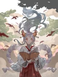 Rule 34 | 1girl, bird, book, commentary, cuffs, earrings, floating hair, hair ornament, hakama, handcuffs, highres, holding, holding book, horns, japanese clothes, jewelry, one piece, outdoors, parted lips, ponytail, red hakama, rope, shimenawa, solo, u mi031, white hair, wide sleeves, wind, yamato (one piece)