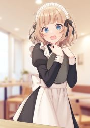 1girl alternate_costume apron black_dress blue_eyes blurry blurry_background blush chair commentary_request depth_of_field dress enmaided frilled_apron frills hands_up holding holding_tray indie_virtual_youtuber indoors juliet_sleeves light_brown_hair long_sleeves looking_at_viewer maid maid_apron maid_headdress open_mouth puffy_sleeves shiratori_kurumi shiromikan solo table tray virtual_youtuber wavy_mouth white_apron