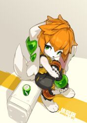 1girl 2018 2025 absurdres ahoge animal_ears anklet bag barefoot basset_hound black_nails bracelet breasts can chinese_clothes chinese_commentary chinese_knot closed_mouth commentary crop_top digitigrade dog dog_ears dog_girl dog_tail english_commentary freedom_planet freedom_planet_2 from_above full_body furry furry_female green_eyes head_tilt highres jewelry krita_(medium) light_blush light_smile looking_at_viewer looking_up milla_basset orange_hair pawpads raised_inner_eyebrows romper signature simple_background sitting small_breasts tail tareme three_quarter_view tsurime tyson_tan wristband