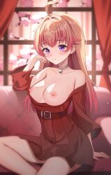 1girl absurdres ahoge arm_support bare_shoulders bell belt blush breasts breasts_out cherry_blossoms closed_mouth collarbone commentary couch curtains dress highres indoors large_breasts light_particles long_hair looking_at_viewer neck_bell nipples off_shoulder on_couch orange_hair purple_eyes red_belt red_dress sitting smile solo teeth_bro thighs wakatsuki_niko witch_watch