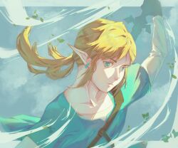 1boy absurdres aqua_shirt blonde_hair blue_eyes elf gensou_getsumen_rt highres link long_hair looking_at_viewer male_focus nintendo pointy_ears ponytail shaded_face shirt solo the_legend_of_zelda the_legend_of_zelda:_breath_of_the_wild