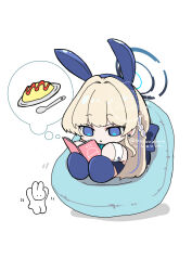1girl absurdres animal_ears blonde_hair blue_archive blue_bow blue_eyes blue_halo book bow braid chibi crown_braid earrings fake_animal_ears food hair_bow halo highres jewelry koyuuuuuuuuuuu leotard long_hair official_alternate_costume official_alternate_hairstyle omelet omurice parted_lips playboy_bunny rabbit_ears reading simple_background sitting speech_bubble spoon thought_bubble toki_(blue_archive) toki_(bunny)_(blue_archive) white_background wrist_cuffs
