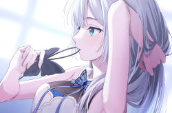 1girl adjusting_hair aqua_eyes armpits bare_shoulders close-up dress foreshortening hair_tie_in_mouth highres kaga_sumire kaga_sumire_(8th_costume) long_hair lupinus_virtual_games mouth_hold parted_bangs profile sleeveless sleeveless_dress solo syurimp tying_hair virtual_youtuber vspo! white_dress white_hair
