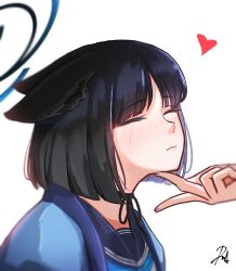 Rule 34 | 1girl, 1other, absurdres, animal ears, black hair, black halo, black ribbon, blue archive, blue halo, blue jacket, blue neckerchief, blue sailor collar, blush, bob cut, cat ears, closed eyes, closed mouth, commentary, ears back, english commentary, halo, hand on another&#039;s chin, heart, highres, jacket, kikyou (blue archive), light blush, multicolored halo, neck ribbon, neckerchief, nose blush, out of frame, profile, rahmat, ribbon, sailor collar, school uniform, short hair, signature, simple background, solo focus, stroking another&#039;s chin, white background
