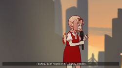 Rule 34 | 1girl, blonde hair, collared shirt, commentary, english text, eyewear on head, flandre scarlet, fourth wall, highres, holding, holding microphone, microphone, one side up, pointy ears, puffy short sleeves, puffy sleeves, red eyes, red skirt, red vest, shirt, short hair, short sleeves, skirt, stage, symbol-only commentary, touhou, vest, white shirt, wings, yoruny