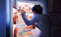 1boy absurdres apple bag bags_under_eyes bendy_straw black_hair bottle box cabinet cake cake_slice can candy cherry chinese_commentary chocolate chocolate_bar coca-cola commentary cup cupcake death_note drink drink_can drinking_glass drinking_straw drinking_straw_in_mouth faucet food from_behind fruit hand_up highres holding holding_can holding_drink huli_xiaobai ice_cream indoors kitchen l_(death_note) loaded_interior long_sleeves macaron male_focus mandarin_orange mouth_hold night orange_(fruit) orange_slice parfait plastic_bag product_placement ramune reaching refrigerator refrigerator_interior shirt sink sleeves_past_wrists slice_of_life soda_bottle soda_can solo sprinkles strawberry strawberry_parfait strawberry_shortcake sundae upper_body user_zenn5372 wafer_stick water_bottle white_shirt