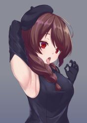 absurdres armpits azur_lane beret black_gloves brown_hair gloves gradient_background grey_background hat highres looking_at_viewer noe_(ppppriver) red_eyes tagme tongue tongue_out z2_georg_thiele_(azur_lane) z2_georg_thiele_(high-rise_high-style)_(azur_lane)