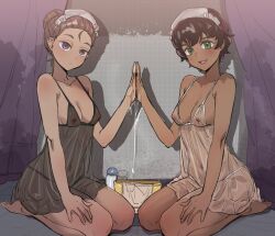 2girls babydoll bare_shoulders black_hair bow_(bhp) breasts brown_hair dark-skinned_female dark_skin dress fang green_eyes gundam gundam_gquuuuuux hair_bun kanchana looking_at_viewer lotion maid_headdress medium_breasts multiple_girls open_mouth purple_eyes see-through_clothes see-through_dress seiza short_hair sitting vani_(gundam)