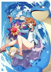 1girl :d blue_eyes blurry brown_hair collarbone commentary_request covered_navel creatures_(company) eyelashes game_freak gen_1_pokemon gyarados gym_leader highres holding holding_poke_ball inomata_konomu jacket lapras misty_(pokemon) nintendo one-piece_swimsuit open_clothes open_jacket open_mouth poke_ball poke_ball_(basic) pokemon pokemon_(creature) pokemon_hgss psyduck riding riding_pokemon sandals short_hair smile sparkle starmie swimsuit teeth toes tongue upper_teeth_only water water_drop white_one-piece_swimsuit