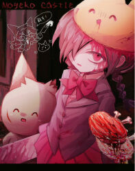 1girl black_hair blazer blood blood_on_face bow bowtie braid buttons collared_shirt commentary_request flat_chest funamusea grey_jacket hair_over_one_eye hat highres jacket kurai_yonaka lapels long_sleeves looking_at_viewer low_twin_braids moge-ko mogeko_(species) mogeko_castle open_mouth pleated_skirt raw_meat red_bow red_bowtie red_eyes red_skirt school_uniform shirt skirt solo translation_request twin_braids vmein_46 white_shirt yellow_hat