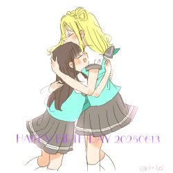 2girls :3 animification aqua_neckerchief blonde_hair blush braid brown_hair closed_eyes commentary crown_braid dated green_vest grey_skirt hair_rings happy_birthday hashtag-only_commentary hug kase_(ks_lys) kneehighs long_hair love_live! love_live!_sunshine!! miniskirt multiple_girls mutual_hug neckerchief ohara_mari one_side_up open_mouth puffy_short_sleeves puffy_sleeves real_life school_uniform serafuku shirt short_sleeves single_hair_ring skirt smile socks suzuki_aina_(voice_actor) twitter_username uranohoshi_school_uniform vest voice_actor voice_actor_connection white_shirt white_socks