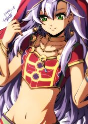 1girl akane_kazami bracelet breasts choker commission crop_top dated double-parted_bangs earrings eiyuu_densetsu fie_claussell floating_hair green_eyes hair_between_eyes highres jewelry long_hair navel sen_no_kiseki sen_no_kiseki_(series) sen_no_kiseki_i sen_no_kiseki_iii signature skeb_commission small_breasts smile solo white_hair