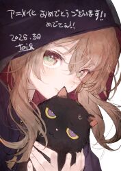 Rule 34 | 1girl, :3, absurdres, animal, black cat, black cloak, brown eyes, brown hair, cat, cloak, closed mouth, green eyes, guest art, hands up, highres, holding, holding animal, holding cat, hood, hood up, light smile, long hair, monica everett, nero (silent witch), portrait, purple eyes, red cloak, second-party source, silent witch, sweatdrop, toi8, two-sided fabric, white background