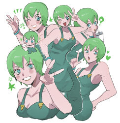 1girl ? armpits bare_shoulders blush bracelet breasts chibi chibi_inset drinking_straw drinking_straw_in_mouth english_text finger_gun foo_fighters_(jojo) green_eyes green_hair green_overalls green_theme grin heart highres jewelry jojo_no_kimyou_na_bouken matubaru_chan multiple_views ok_sign one_eye_closed overalls short_hair small_breasts smile soda star_(symbol) stone_ocean v white_background
