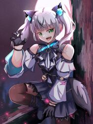 1girl animal_ear_fluff animal_ears black_thighhighs blunt_bangs bow frills green_eyes h_ans_(hmn_anz) hairband heaven_burns_red highres official_alternate_costume skirt solo sugawara_chie tail thighhighs twintails white_hair wolf_ears wolf_girl wolf_tail