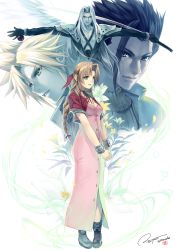 Rule 34 | 1girl, 3boys, aerith gainsborough, armor, asymmetrical hair, bangle, black gloves, black hair, black jacket, blonde hair, boots, bracelet, braid, braided ponytail, breasts, buttons, chest strap, choker, cleavage, cloud strife, cropped jacket, dress, earrings, final fantasy, final fantasy vii, final fantasy vii remake, flower, full body, gloves, green eyes, grey hair, hair ribbon, hair slicked back, highres, hiiro yuki, holding, holding sword, holding weapon, jacket, jewelry, lifestream, long dress, long hair, long sleeves, masamune (ff7), materia, medium breasts, multiple boys, parted bangs, parted lips, pink dress, portrait, puffy short sleeves, puffy sleeves, red jacket, ribbon, sephiroth, short hair, short sleeves, shoulder armor, sidelocks, single earring, single wing, smile, spiked hair, square enix, sword, turtleneck, unbuttoned dress, upper body, weapon, white background, wings, yellow flower, zack fair