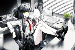 1girl belt black_hair black_shoes black_shorts black_skirt calendar_(object) coffee_mug computer_keyboard cup electrical_outlet feet_on_table green_eyes highres holding holding_paper indoors long_hair long_sleeves mechanical_pencil monitor mug necktie original pale_skin paper pencil plant potted_plant red_necktie shoes shoes_on_table shorts sitting skirt solo swivel_chair very_long_hair windworker