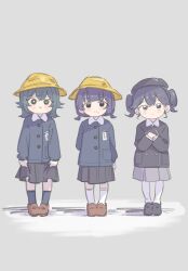 3girls :t absurdres aged_down beret black_hair black_hat black_shoes black_skirt blush brown_shoes flipped_hair full_body gakuen_idolmaster green_hair grey_skirt hair_flaps hat hataya_misuzu highres hpwk2775 idolmaster kaya_rinha kindergarten_uniform looking_at_viewer medium_hair mole mole_under_mouth multiple_girls name_tag own_hands_together pleated_skirt purple_hair school_hat shoes short_twintails skirt smile syngup!_(idolmaster) tears tsukimura_temari twintails yellow_hat