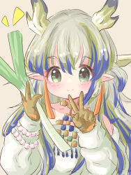 Rule 34 | 1girl, arknights, blue hair, brown background, closed mouth, collarbone, commentary request, dragon horns, dress, food, green eyes, green hair, grey hair, hands up, highres, holding, holding food, horns, jacket, long hair, long sleeves, multicolored hair, notice lines, pointy ears, puffy long sleeves, puffy sleeves, shu (arknights), simple background, sleeves past wrists, smile, solo, spring onion, strapless, strapless dress, streaked hair, upper body, very long hair, white dress, white jacket, yopi (user wdgp8532)