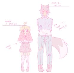 2boys :&lt; absurdres ahoge animal_ears arms_behind_back arrow_(symbol) black_hair black_sandals blonde_hair blue_eyes blue_hat blue_jacket blue_pants blush bow brown_shoes buttons capelet closed_mouth craig_tucker crop_top english_text frilled_capelet frills grey_shorts hat heart height height_difference highres jacket kemonomimi_mode male_focus multiple_boys pants red_bow red_capelet rinrin_(wuvpyon) sandals shirt shoes short_hair shorts socks south_park tail trap tweek_tweak white_shirt white_socks wolf_ears wolf_tail
