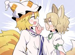2girls :&lt; animal_ears blonde_hair blue_background blue_tabard blush breast_envy breast_press breasts closed_mouth collar commentary_request facing_another fox_ears fox_girl fox_tail frown green_ribbon hair_between_eyes half-closed_eyes hand_up hat highres kudamaki_tsukasa kurachi_mizuki large_breasts long_sleeves loose_hair_strand messy_hair mob_cap multiple_girls multiple_tails ofuda open_mouth partial_commentary puffy_short_sleeves puffy_sleeves purple_collar ribbon ribbon-trimmed_sleeves ribbon_trim shirt short_hair short_sleeves smile smug sweatdrop symmetrical_docking tabard tail touhou upper_body v-shaped_eyebrows white_background white_shirt yakumo_ran yellow_eyes