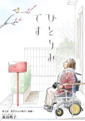 1girl absurdres artist_name bird bush coat copyright_name glasses highres hitori_desu looking_up mailbox_(incoming_mail) morishima_akiko old old_woman sitting solo tree wheelchair