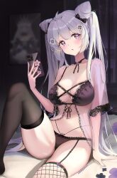 1girl :o arm_support asymmetrical_legwear black_bra black_panties black_ribbon black_thighhighs blurry blurry_background blush bra breasts cone_hair_bun fishnet_thighhighs fishnets garter_straps grey_hair hair_bun hair_ornament hair_ribbon hairclip highres holding holding_phone kana_yukino large_breasts leg_up lingerie long_hair looking_at_viewer navel original panties phone purple_eyes ribbon see-through_clothes sitting solo stomach thighhighs thighs twintails underwear