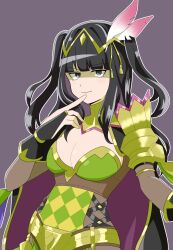 Rule 34 | 1girl, black eyes, black hair, blunt bangs, breasts, cleavage, feather hair ornament, feathers, finger to mouth, fire emblem, fire emblem awakening, fire emblem heroes, hair ornament, highres, light smile, long hair, looking at viewer, nintendo, official alternate costume, outline, ryouyou0730, solo, tharja (fire emblem), tharja (gloomy mage) (fire emblem), twintails, upper body, white outline