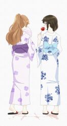 2girls 89ru0 absurdres blue_eyes brown_hair candy_apple commentary_request cotton_candy food from_behind full_body highres holding holding_cotton_candy holding_food japanese_clothes kimono konoe_kanata long_hair looking_at_another love_live! love_live!_nijigasaki_high_school_idol_club low_side_ponytail multiple_girls obi official_alternate_costume official_alternate_hairstyle osaka_shizuku ponytail print_kimono sandals sash sidelocks simple_background white_background yukata zouri