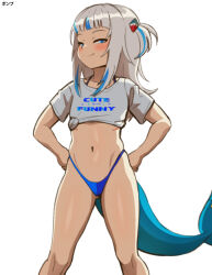 1girl absurdres alternate_costume bare_legs bikini blue_bikini blue_eyes blue_hair blush closed_mouth clothes_writing cropped_legs cropped_shirt english_text eyebrows feet_out_of_frame female_focus fins fish_tail gawr_gura half-closed_eyes hands_on_own_hips highleg highleg_bikini highres hololive hololive_english legs_apart loli long_hair looking_at_viewer micro_bikini multicolored_hair naughty_face ponpu_(pumpkinsinclair) shark_girl shark_tail shirt short_sleeves simple_background smile smug solo standing swimsuit t-shirt tail tied_shirt two-tone_hair virtual_youtuber white_hair white_shirt