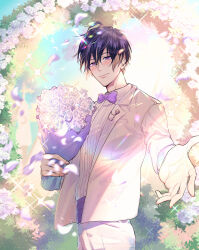 1boy a3! black_hair blush bouquet bow bowtie cowboy_shot day falling_petals flower formal_clothes glint hair_between_eyes highres holding holding_bouquet jacket jewelry looking_at_viewer male_focus outdoors outstretched_hand pants petals purple_bow purple_bowtie purple_eyes shirt short_hair smile solo sparkle standing suit usui_masumi white_jacket white_pants white_suit xi_yuu