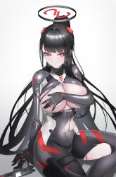 1girl absurdres areola_slip black_bodysuit black_hair black_halo blue_archive blush bodysuit breasts breasts_out bright_pupils closed_mouth covering_breasts covering_privates funky_dea1er gun hairpods halo handgun highres large_breasts long_hair looking_at_viewer m1911 multicolored_bodysuit official_alternate_costume official_alternate_hairstyle ponytail red_eyes rio_(blue_archive) rio_(bodysuit)_(blue_archive) simple_background sitting solo sweat torn_bodysuit torn_clothes very_long_hair weapon white_background white_pupils
