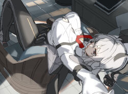 1girl armband black_armband black_eyes black_gloves black_horns black_pants breasts button_gap chest_harness commentary commentary_request curled_horns english_commentary gloves grey_hair harness high-waist_pants highres horns indoors large_breasts leaning_back long_hair multicolored_eyes necktie on_chair pants red_eyes red_necktie scottie_(phantom2) shirt shirt_tucked_in sketch solo two-tone_eyes unfinished white_shirt wuthering_waves zani_(wuthering_waves)