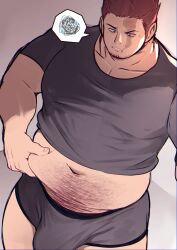 Rule 34 | 1boy, absurdres, alternate body size, bara, belly, belly grab, blue eyes, boku no hero academia, boxer briefs, bulge, clothes lift, covered erect nipples, cowboy shot, endeavor (boku no hero academia), erection, erection under clothes, fat, fat man, grey male underwear, highres, huge pectorals, large bulge, male focus, male underwear, mature male, muscular, muscular male, no pants, osu (osumankokuou), red hair, sanpaku, scar, scar across eye, scar on face, shirt lift, short hair, solo, spiked hair, spoken squiggle, squiggle, standing, thick navel hair, tsurime, underwear, weight conscious