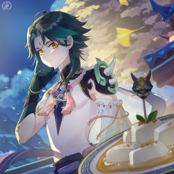 1boy absurdres ahoge aqua_hair bead_necklace beads closed_mouth cloud detached_sleeves facial_mark falling_leaves food forehead_mark genshin_impact ginkgo_leaf gloves green_gloves green_hair hand_up highres hikaru002001 jewelry leaf long_sleeves looking_at_viewer male_focus mountain multicolored_hair necklace night night_sky outdoors parted_bangs plate shirt short_hair shoulder_spikes sidelocks single_detached_sleeve sky sleeveless sleeveless_shirt spikes streaked_hair tassel tofu tree upper_body white_shirt xiao_(genshin_impact) yellow_eyes