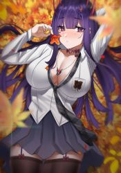 1girl absurdres akuma_nihmune akuma_nihmune_(1st_costume) autumn autumn_leaves black_necktie black_skirt black_thighhighs breasts choker cleavage commentary demon_horns english_commentary fake_horns garter_straps hair_ornament hairclip heart heart_choker heart_tattoo highres holding holding_leaf horns indie_virtual_youtuber jewelry large_breasts leaf long_hair looking_at_viewer lulanoon lying mole mole_under_eye necklace necktie on_back purple_hair red_choker red_eyes shirt skirt tattoo thighhighs virtual_youtuber white_shirt