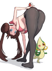 1girl absurdres ass bent_over black_pantyhose bra breasts creatures_(company) donut_hair_bun game_freak gen_5_pokemon gonzarez hair_bun hanging_breasts highres holding holding_poke_ball large_breasts nintendo panties panties_under_pantyhose pantyhose pink_bra pink_panties poke_ball pokemon pokemon_(creature) pokemon_bw2 rosa_(pokemon) simple_background snivy twintails underwear white_background